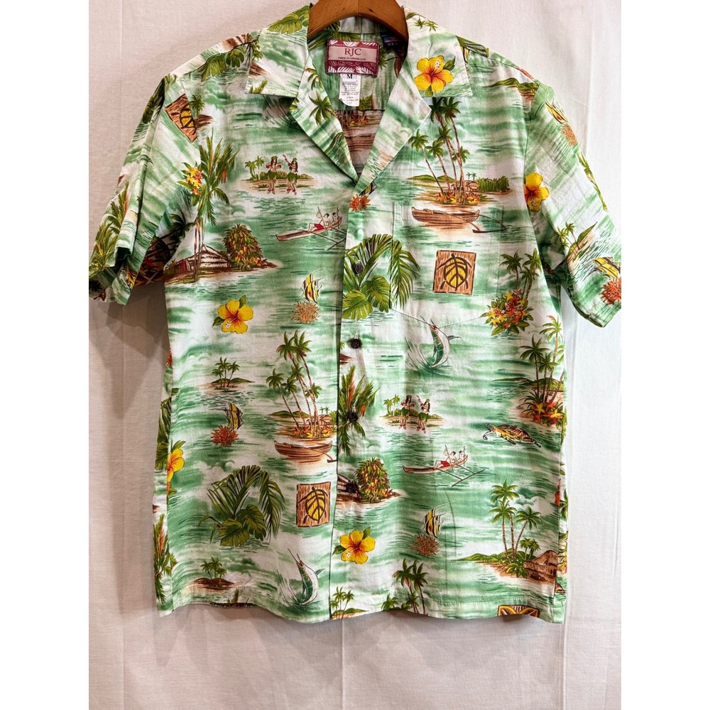 RJC Hawaiian Shirt Mens Medium Green Scenic Hula Canoe Made in Hawaii USA - Picture 4 of 9